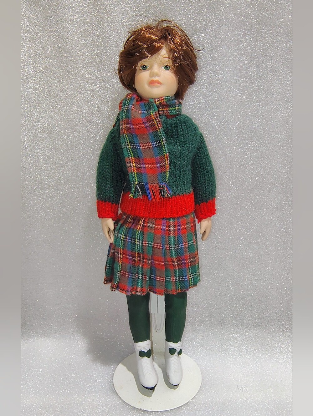 Vintage 1991 Avon Skating Party Porcelain Doll 9” Plaid Ice Skater w Stand
